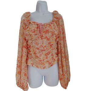 Free People Orange Floral Ruched Long Balloon Sleeve Boho Ruffle Top  SP